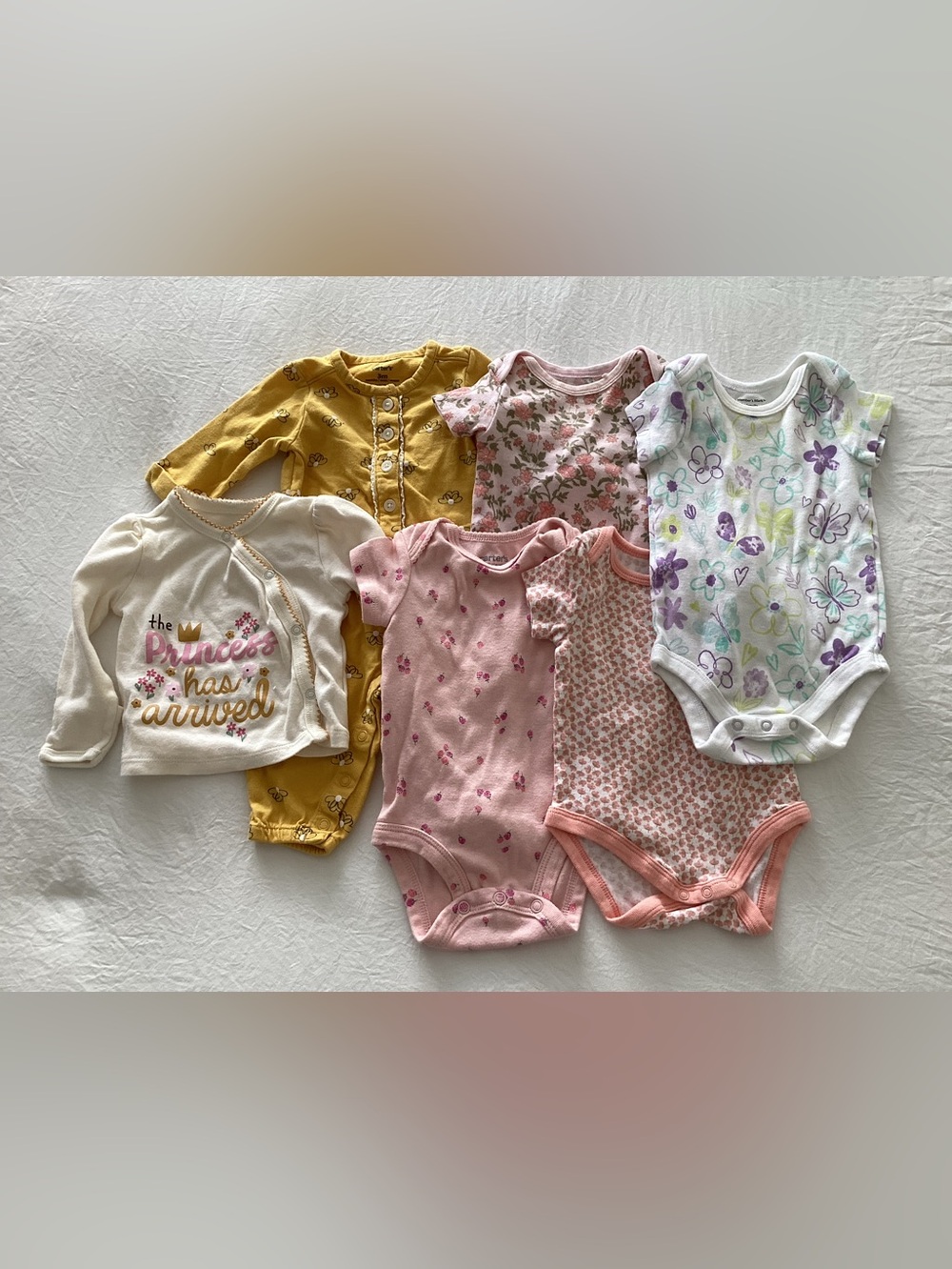 Mixed Floral and Graphic Baby One-Piece Set in Pink, White, Mustard